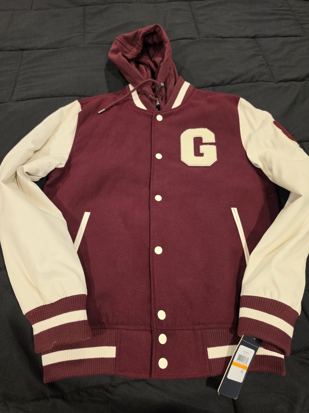 Guess Maroon and Cream Hooded Varsity Jacket